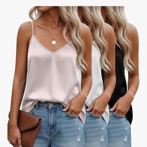 3 Pk Women's Silk Camisole Vneck Tank Tops, 2XL, White Black Champagne